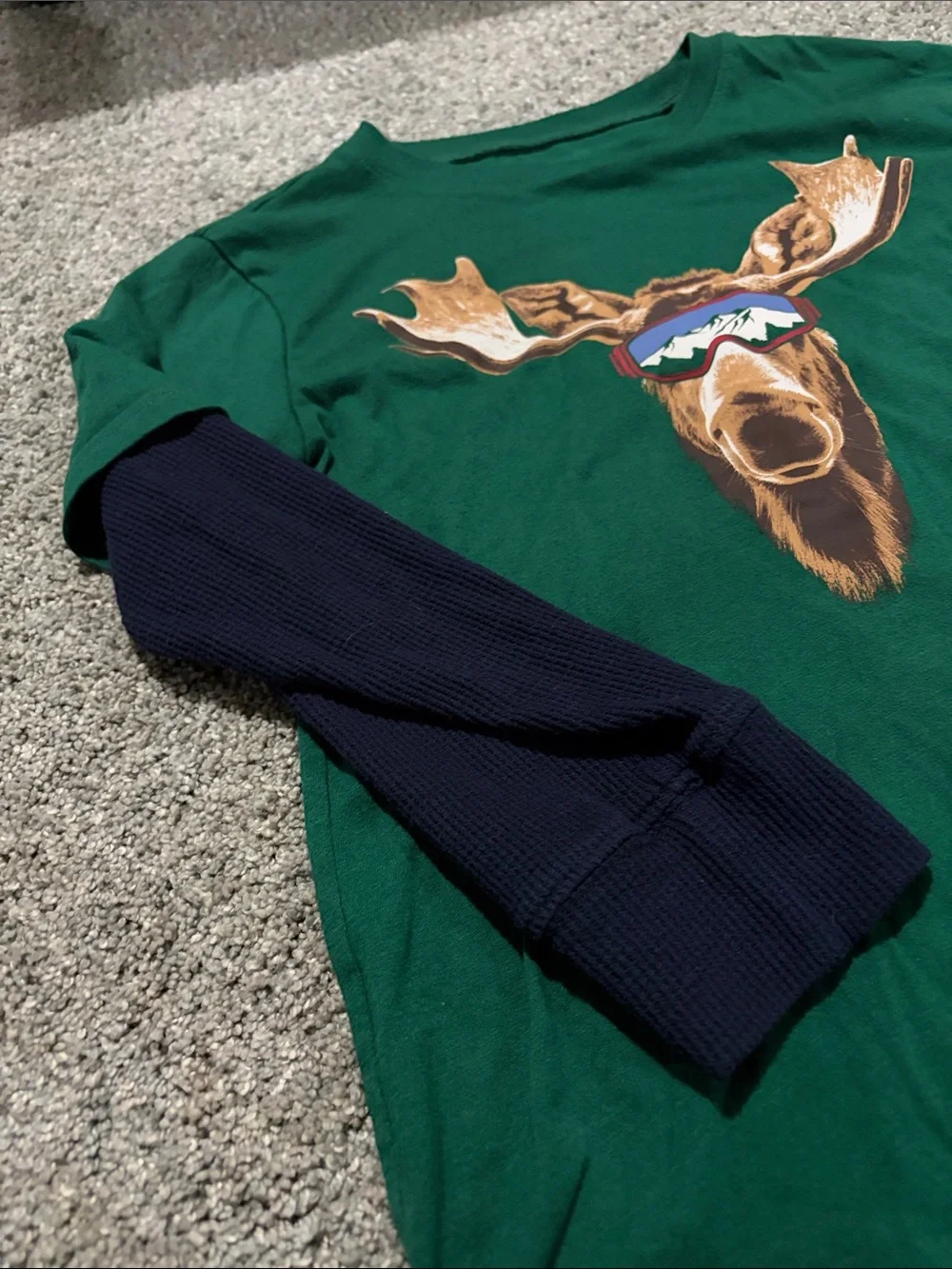 The Children's Place Green Moose Graphic Long Sleeve Tee with Navy Sleeves